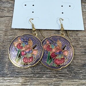 Vintage Cloisonné Iris Floral Dangle Earrings | Colorful Enamel | Gold Tone